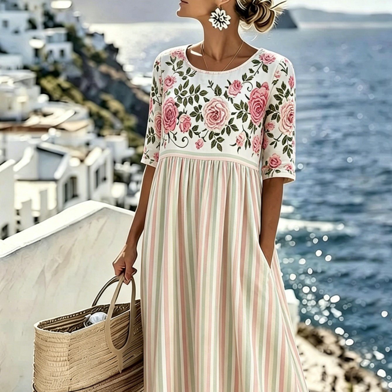 Elodie™ | Vintage Pink Striped Midi Dress