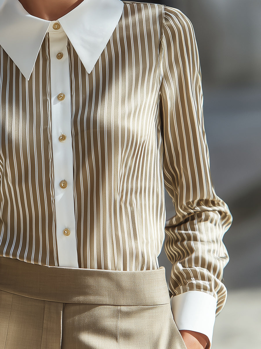 Long Sleeve Contrast Collar Striped Blouse