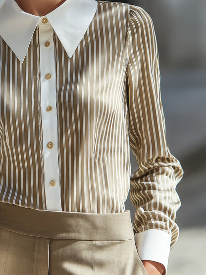 Long Sleeve Contrast Collar Striped Blouse