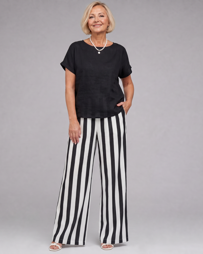 Miolna | Linen Blend Top with Striped Wide-Leg Trousers Set