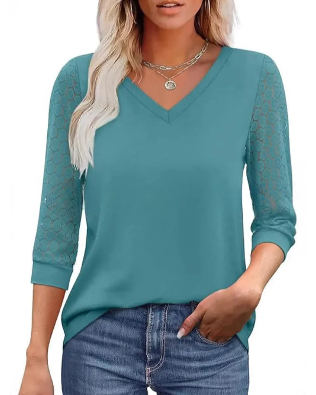 Doreen - Lace-Sleeve Casual V-Neck Blouse