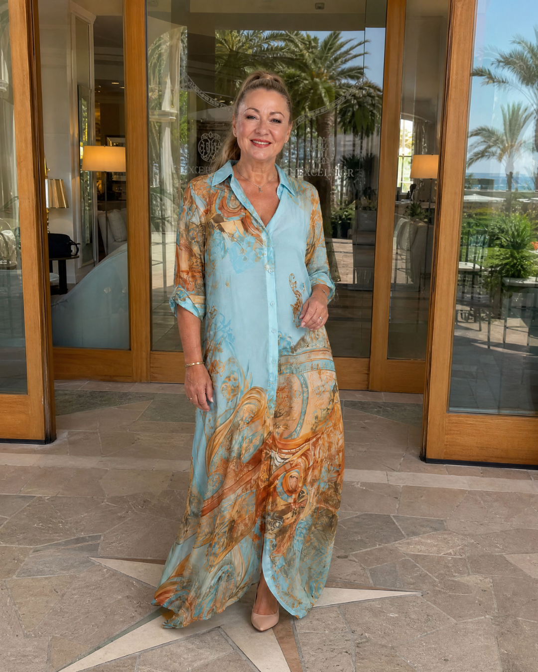 Azmira | Flowing Maxi Dress with Baroque Print and Button Front