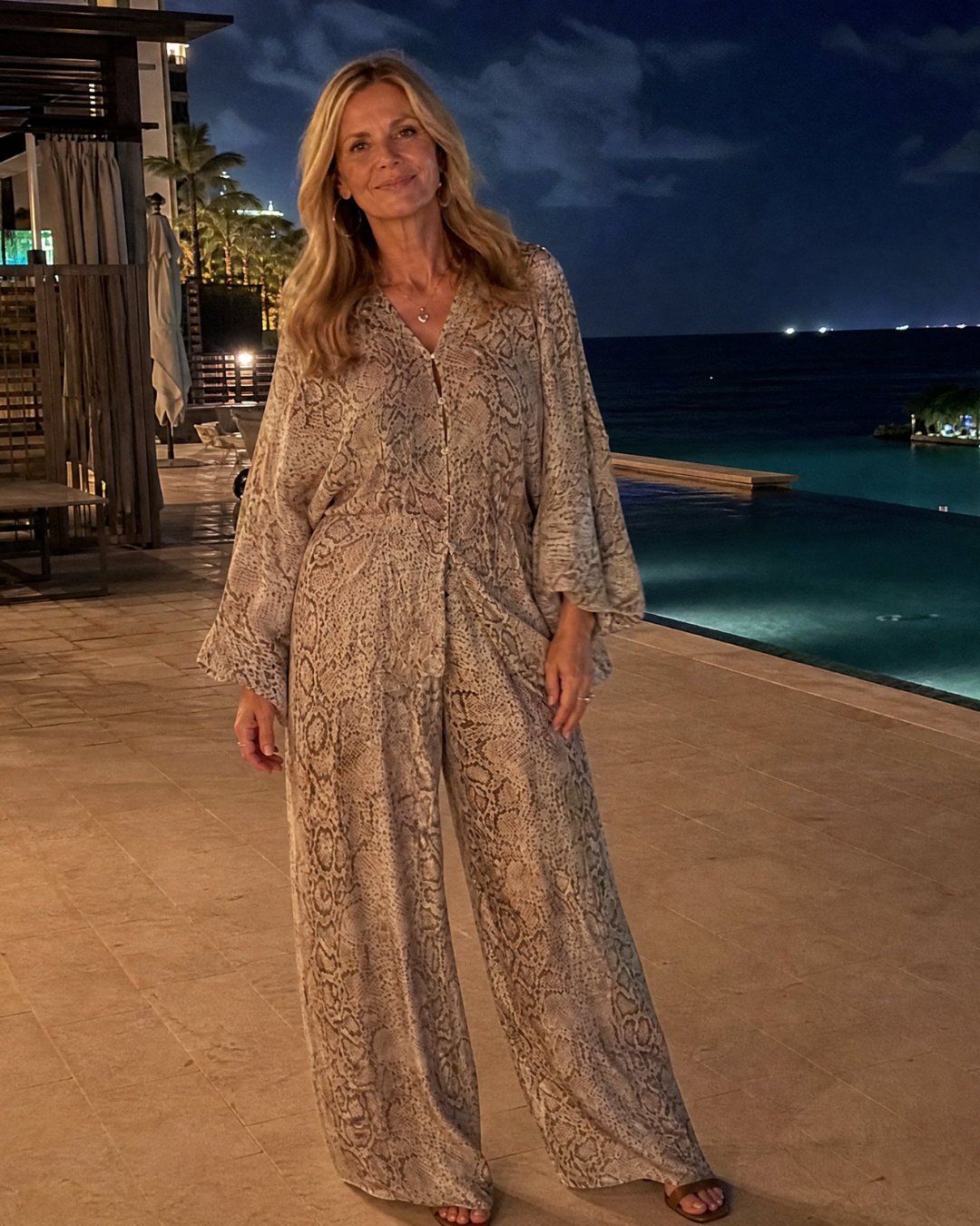 Esmoria | Snake Print Draped Blouse with Matching Wide Leg Trousers Set