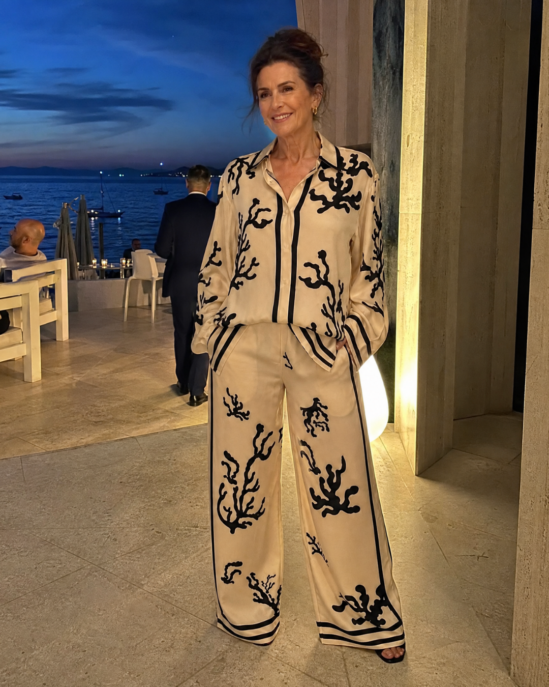 Omeni | Abstract Coastal Print Top and Wide-Leg Trousers Ensemble