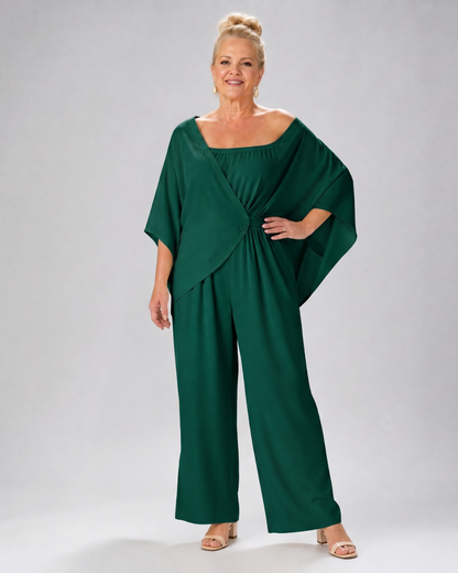 Vemrina | Off-Shoulder Draped Top & Wide-Leg Trousers Ensemble