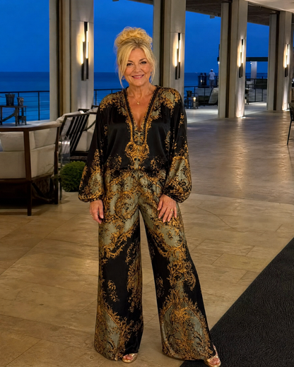 Valoria | Baroque Print Blouse with Matching Wide Leg Trousers Set