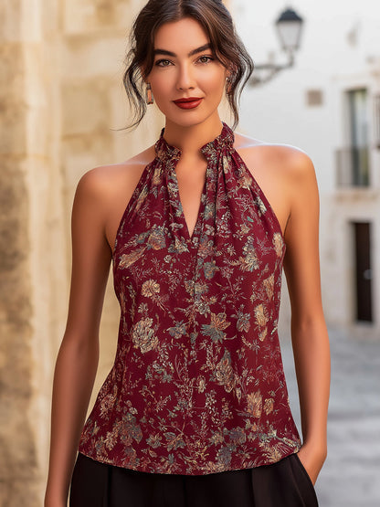 Halter-Neck Botanical Print Blouse With Keyhole Detail