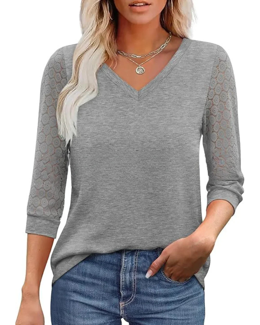 Doreen - Lace-Sleeve Casual V-Neck Blouse