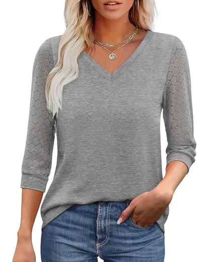 Doreen - Lace-Sleeve Casual V-Neck Blouse