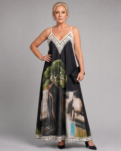 Lira | Flowing Midi Dress with Scenic Print and Sleeveless Design