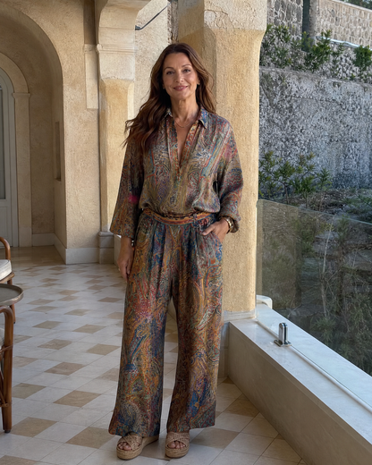 Virezza | Elegant Paisley Print Blouse and Wide-Leg Trouser Ensemble