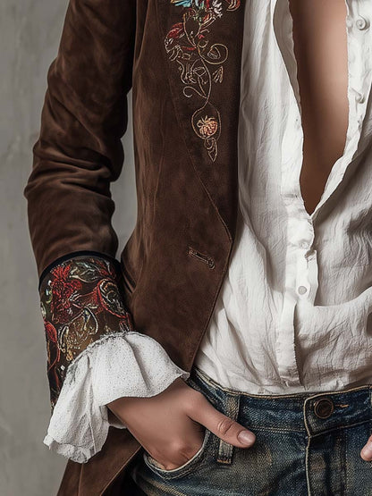 Retro Brown Suede Blazer Featuring Embroidered Accents