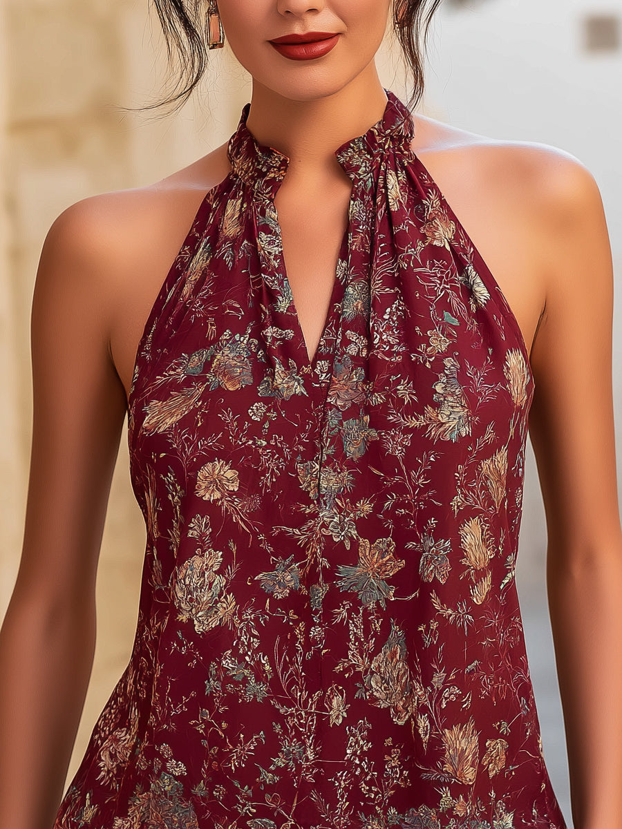 Halter-Neck Botanical Print Blouse With Keyhole Detail