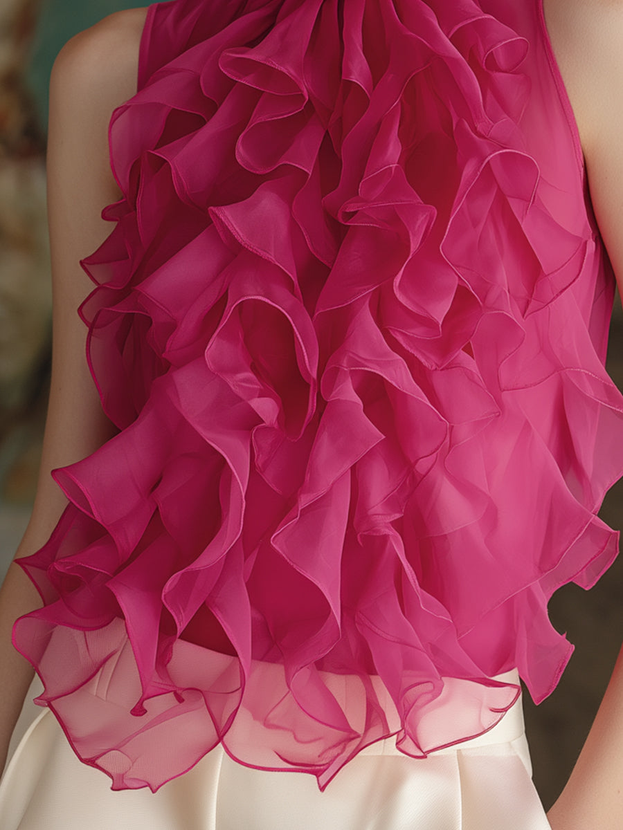 Ruffled High-Neck Sleeveless Chiffon Blouse