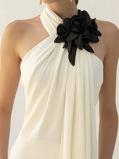 Chic Draped Halter Top With Elegant Floral Detailing
