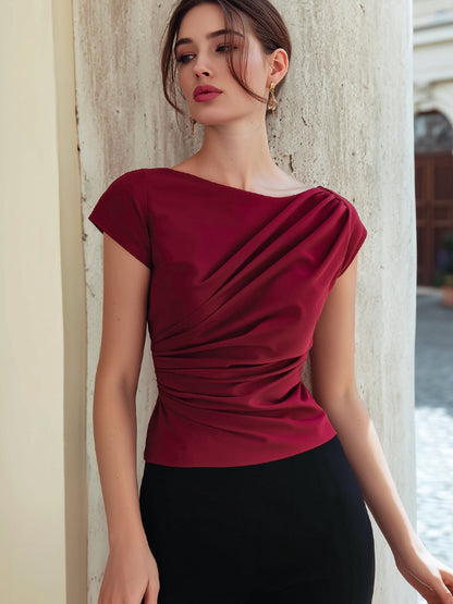 Asymmetrical Ruched Satin-Finish Top