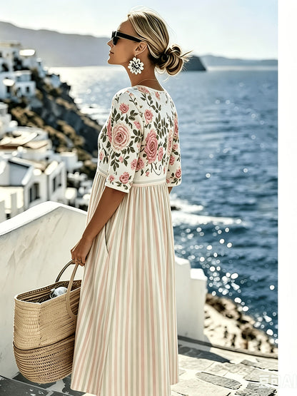 Elodie™ | Vintage Pink Striped Midi Dress
