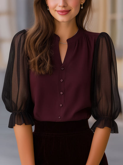 Sheer Puff Sleeve Button-Up Blouse