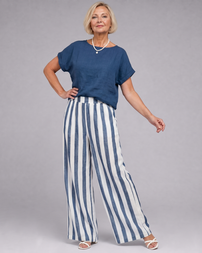 Miolna | Linen Blend Top with Striped Wide-Leg Trousers Set