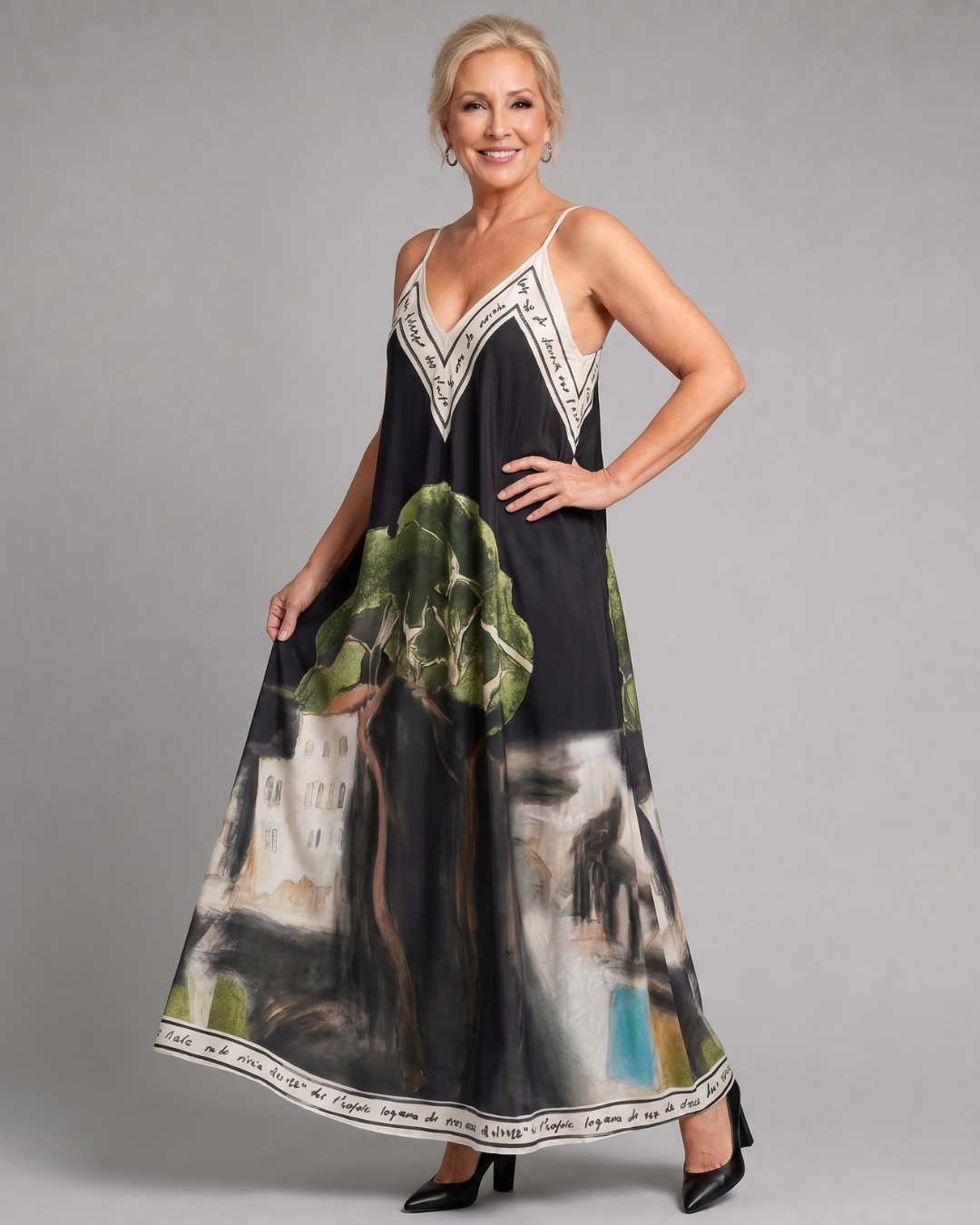 Lira | Flowing Midi Dress with Scenic Print and Sleeveless Design