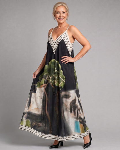 Lira | Flowing Midi Dress with Scenic Print and Sleeveless Design