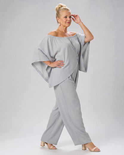 Vemrina | Off-Shoulder Draped Top & Wide-Leg Trousers Ensemble