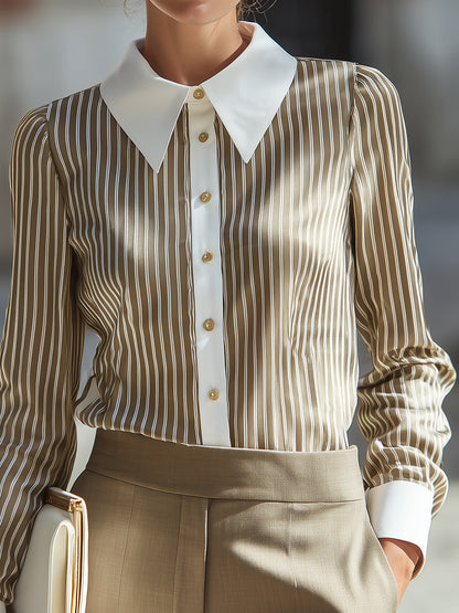 Long Sleeve Contrast Collar Striped Blouse
