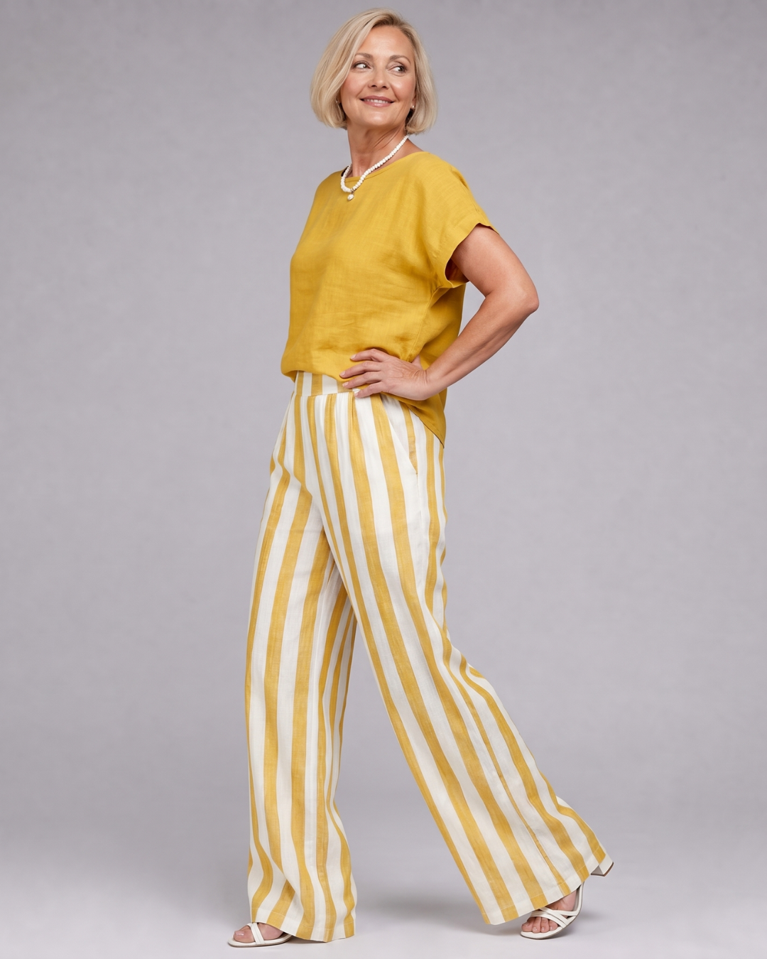 Miolna | Linen Blend Top with Striped Wide-Leg Trousers Set
