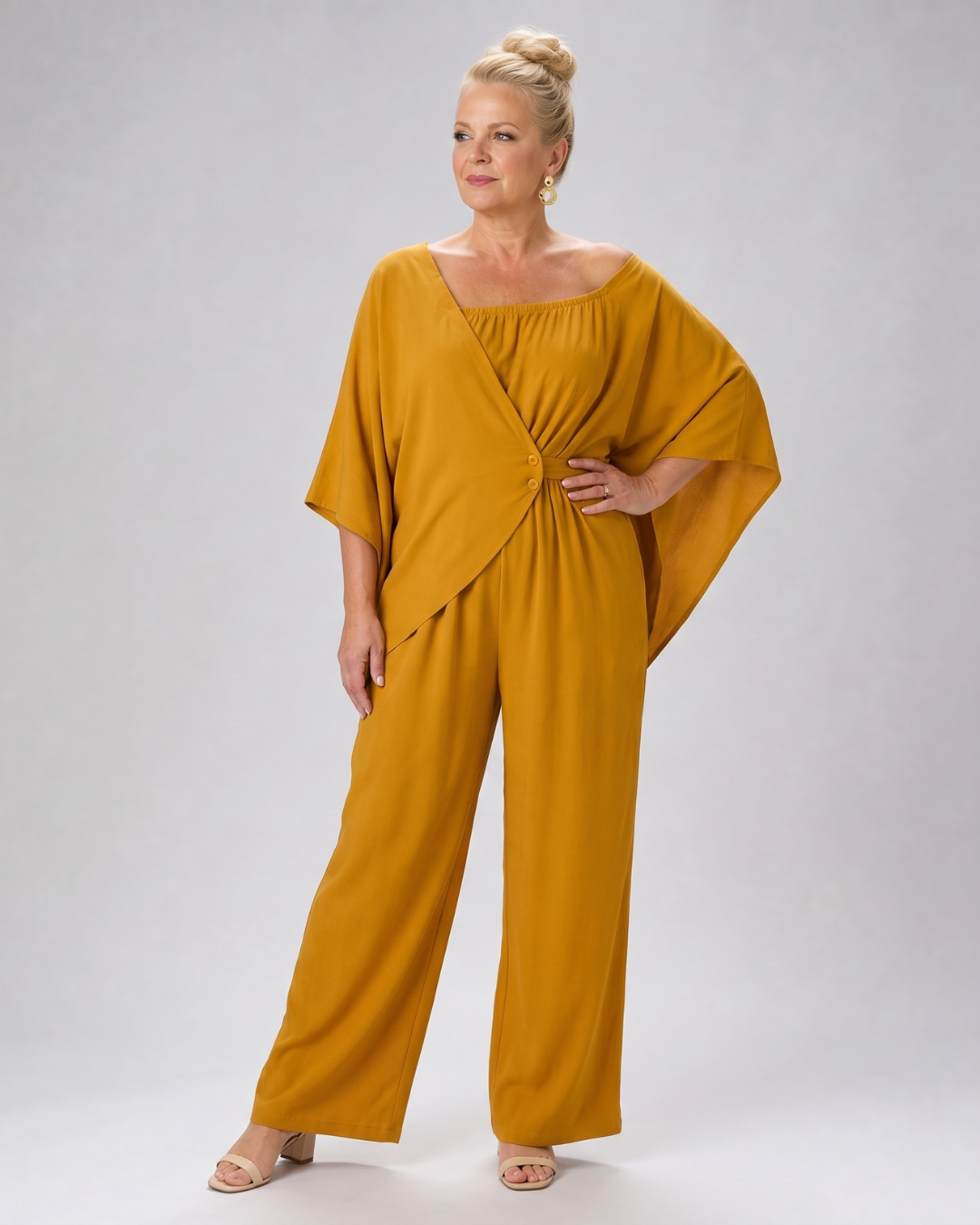 Vemrina | Off-Shoulder Draped Top & Wide-Leg Trousers Ensemble