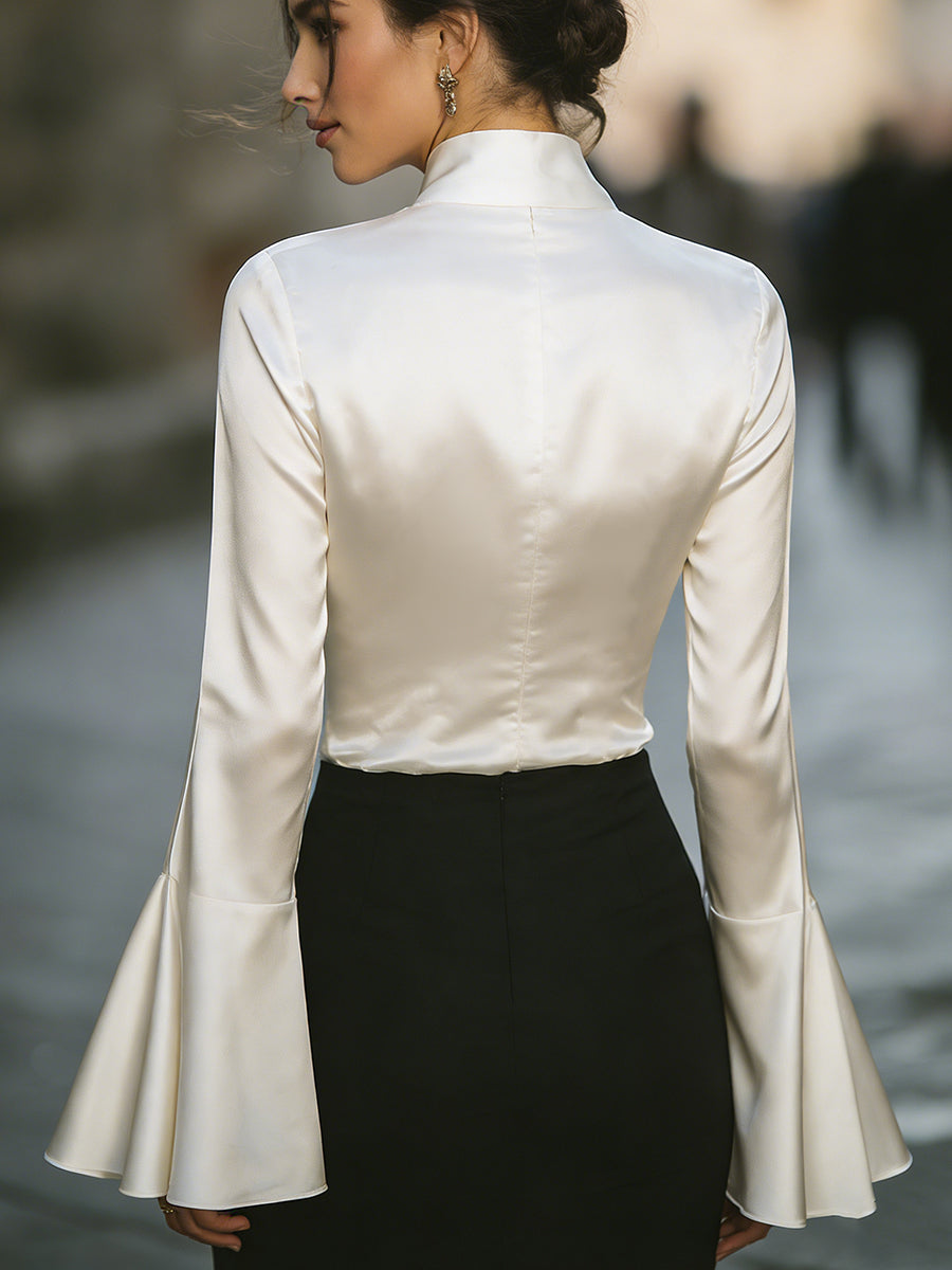 Vintage-Inspired Bell-Sleeve Satin Blouse