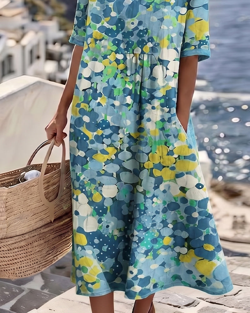 Elena™ - Elegant Midi Dress with Summer Flowers