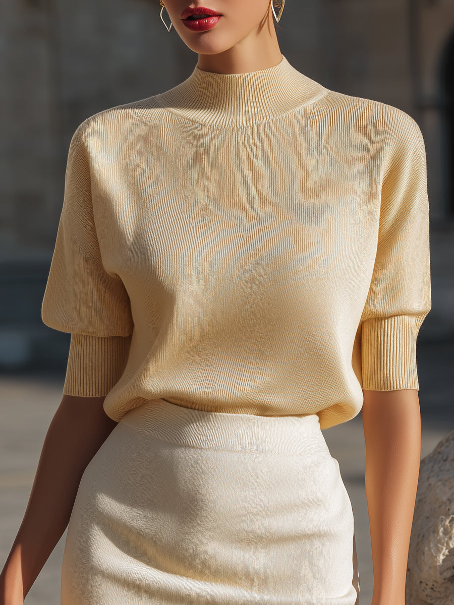 Ribbed Mock-Neck Short-Sleeve Knit Top