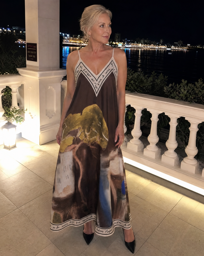 Lira | Flowing Midi Dress with Scenic Print and Sleeveless Design