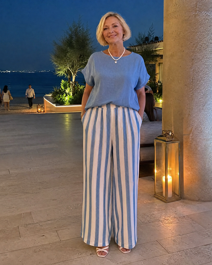 Miolna | Linen Blend Top with Striped Wide-Leg Trousers Set