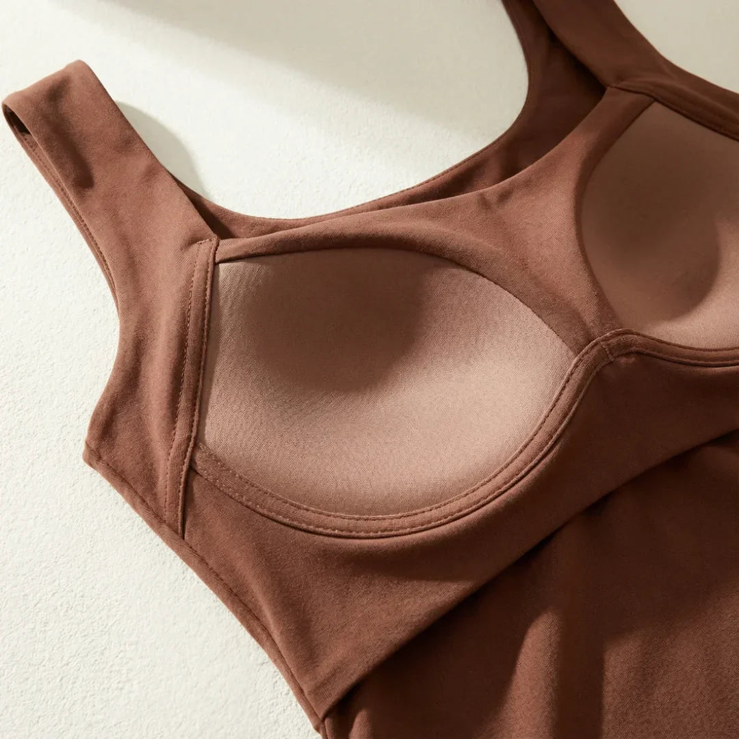 Roxanne layered under a blazer — zero bra line