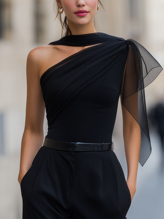 One-Shoulder Chiffon-Panel Draped Top Blouse