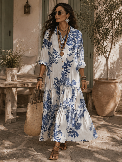 Dahlia | Chic Floral Tiered Maxi Dress in Blue