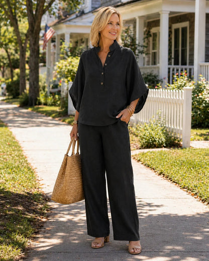 Mariel | Complete linen set with batwing sleeves and wide pants