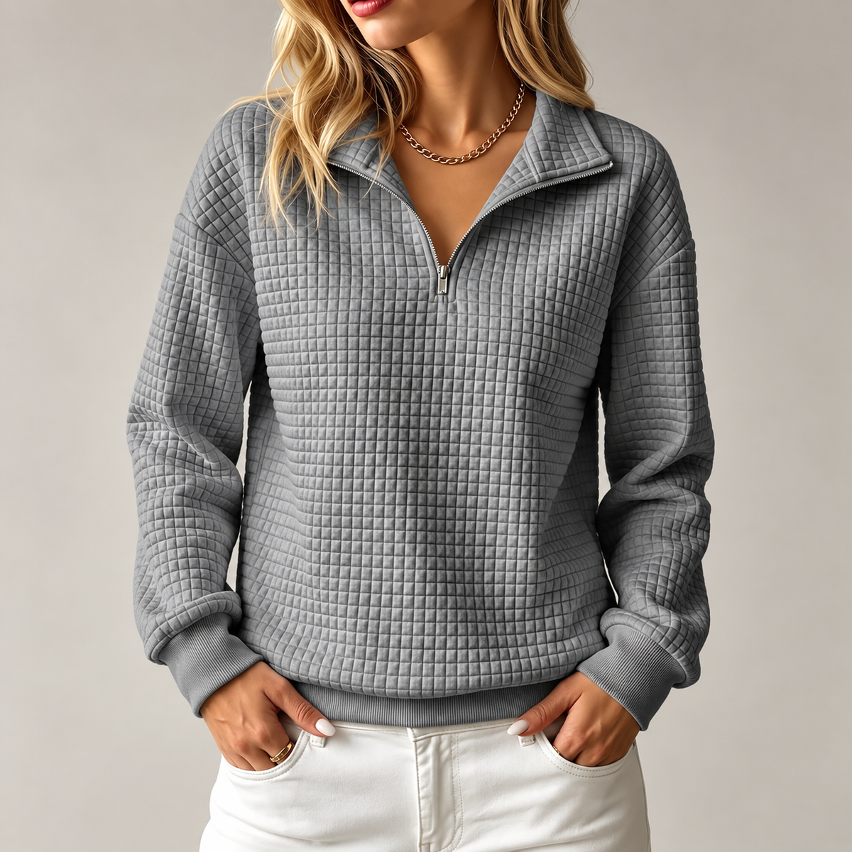 Elowen | Waffle-Knit Quarter-Zip Sweatshirt for Women