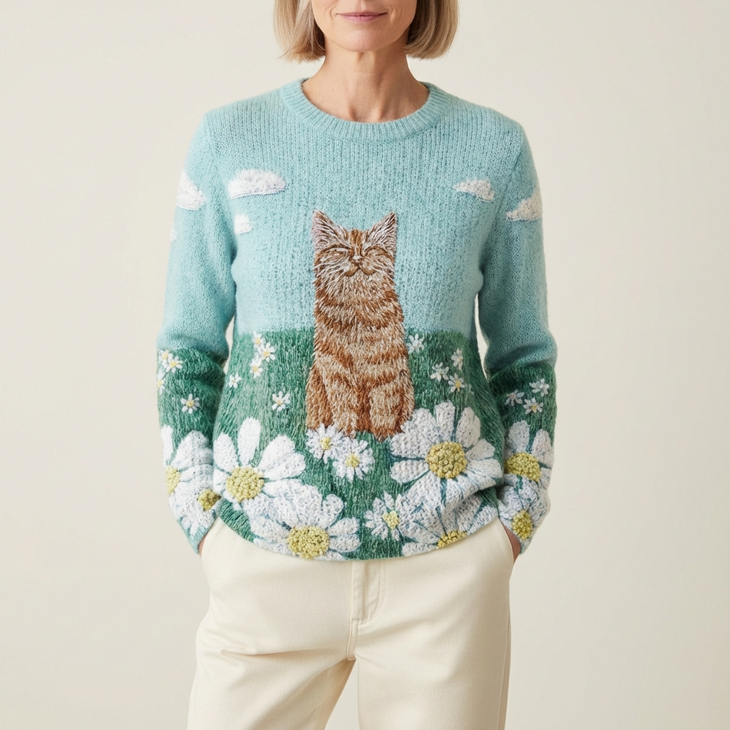 Tara - Blue Cotton Sweater Featuring Cat and Daisy Meadow Print