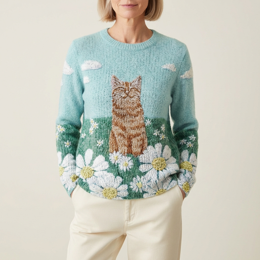 Tara - Blue Cotton Sweater Featuring Cat and Daisy Meadow Print