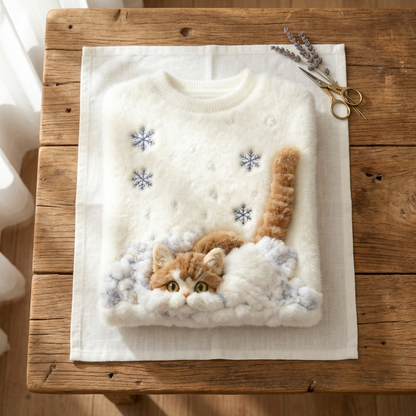 Danielle - Cream Cotton Sweater Featuring Cat in Snow and Snowflake Pattern