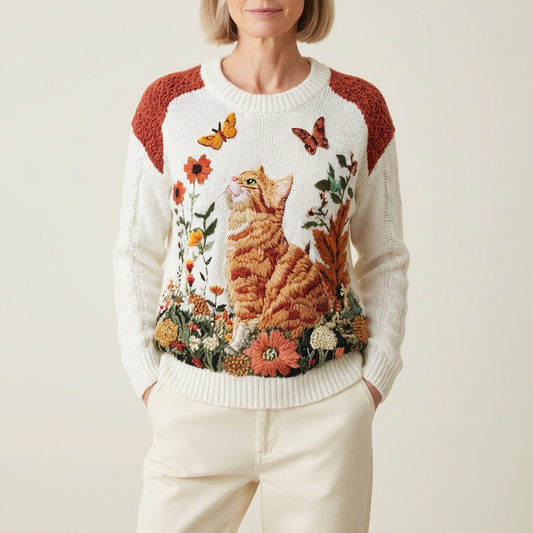 Laurel - Cream Cotton Sweater Featuring Orange Cat and Butterfly Floral Design