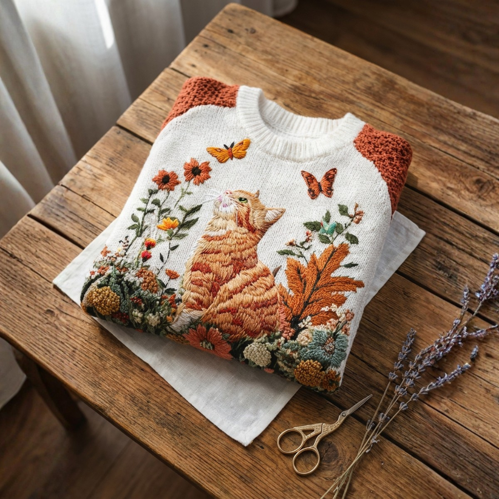 Laurel - Cream Cotton Sweater Featuring Orange Cat and Butterfly Floral Design