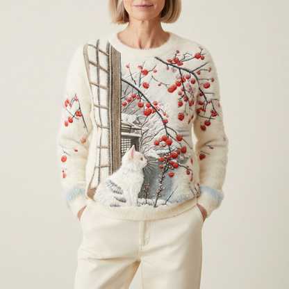 Riley - Cream Cotton Jumper Featuring White Cat and Berry Branch Design