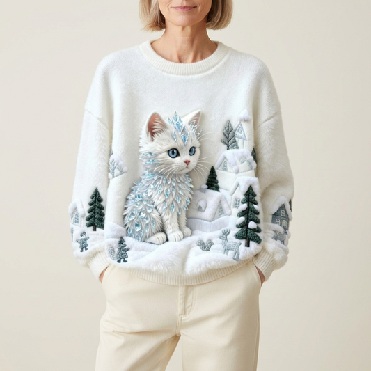 Jenna - Winter Landscape Design Cream Cotton Jumper with White Cat