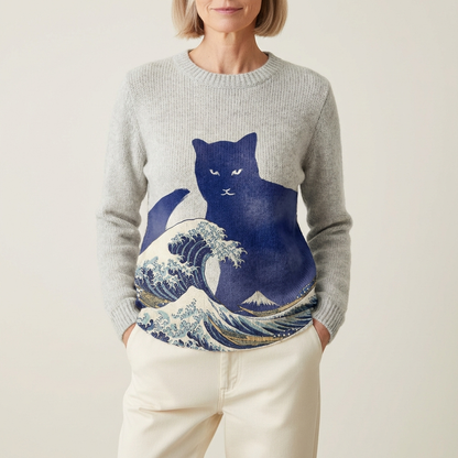 Avery - Grey Cotton Sweater Featuring Cat and Ocean Wave Design