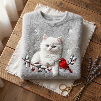 Karen - Grey Cotton Sweater Featuring White Cat and Cardinal Design