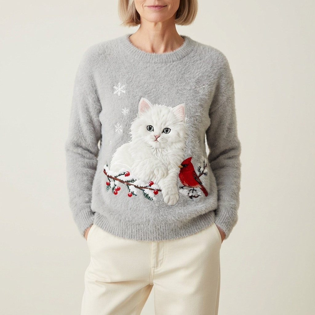 Karen - Grey Cotton Sweater Featuring White Cat and Cardinal Design