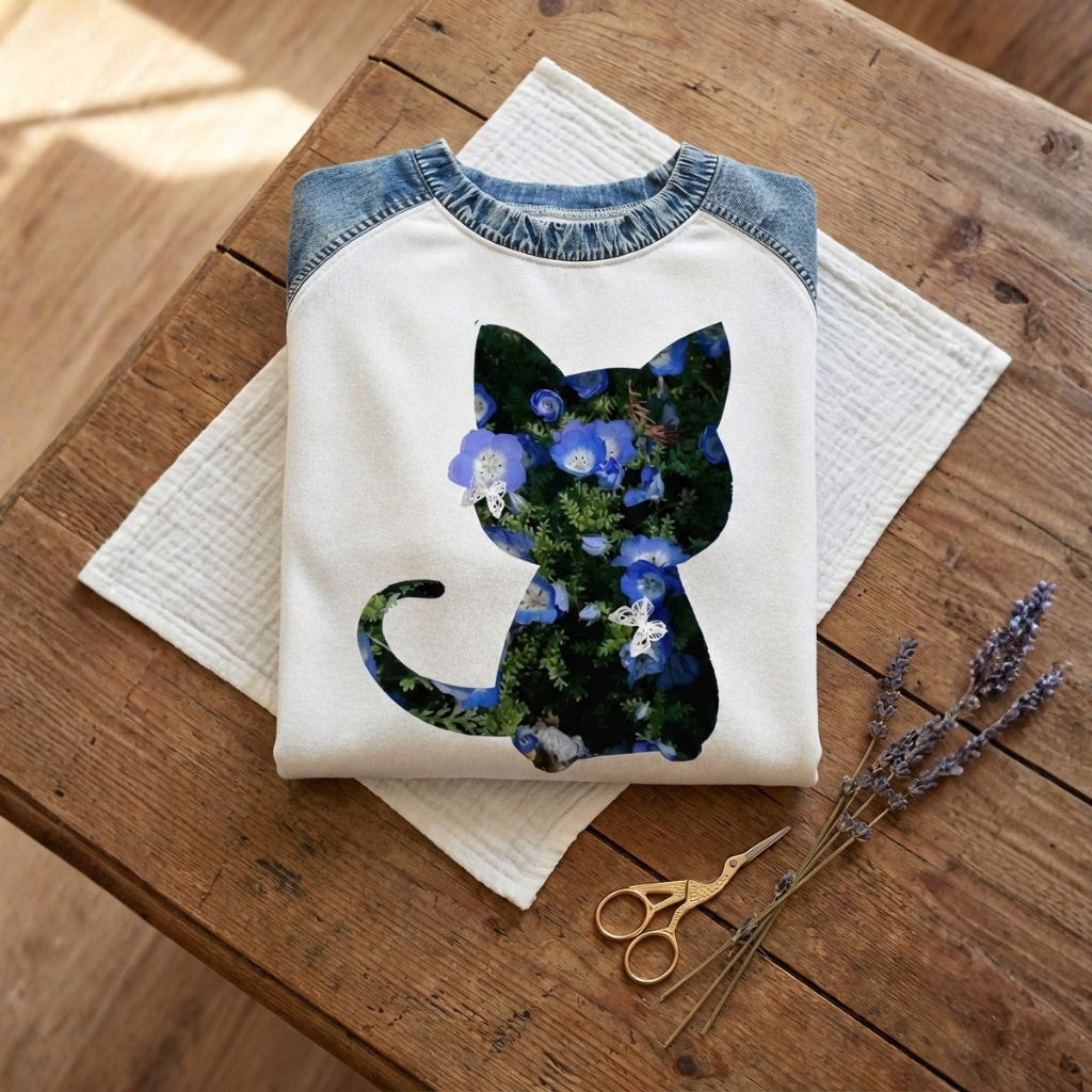 Whitney - Lavender Cotton Sweater Featuring Cat and Blue Floral Design